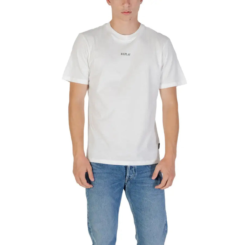 Replay men t-shirt in white cotton featuring subtle replay branding on the chest for casual wear