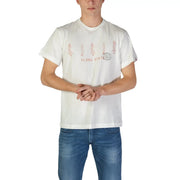 White cotton Replay men t-shirt with pink hula dancers and surfboards graphic print and aloha state text