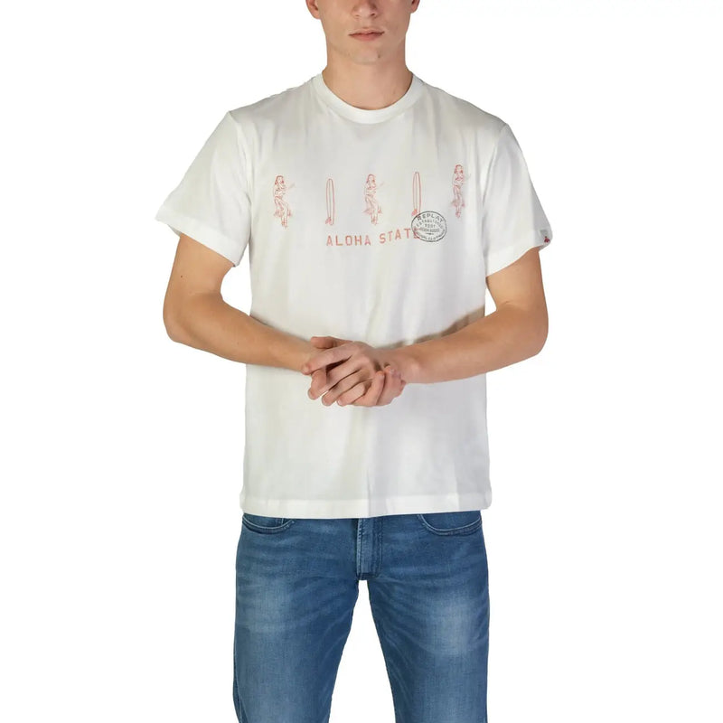 White cotton Replay men t-shirt with pink hula dancers and surfboards graphic print and aloha state text