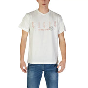 Replay men t-shirt white cotton with red graphic print of surfers and aloha state text across the chest