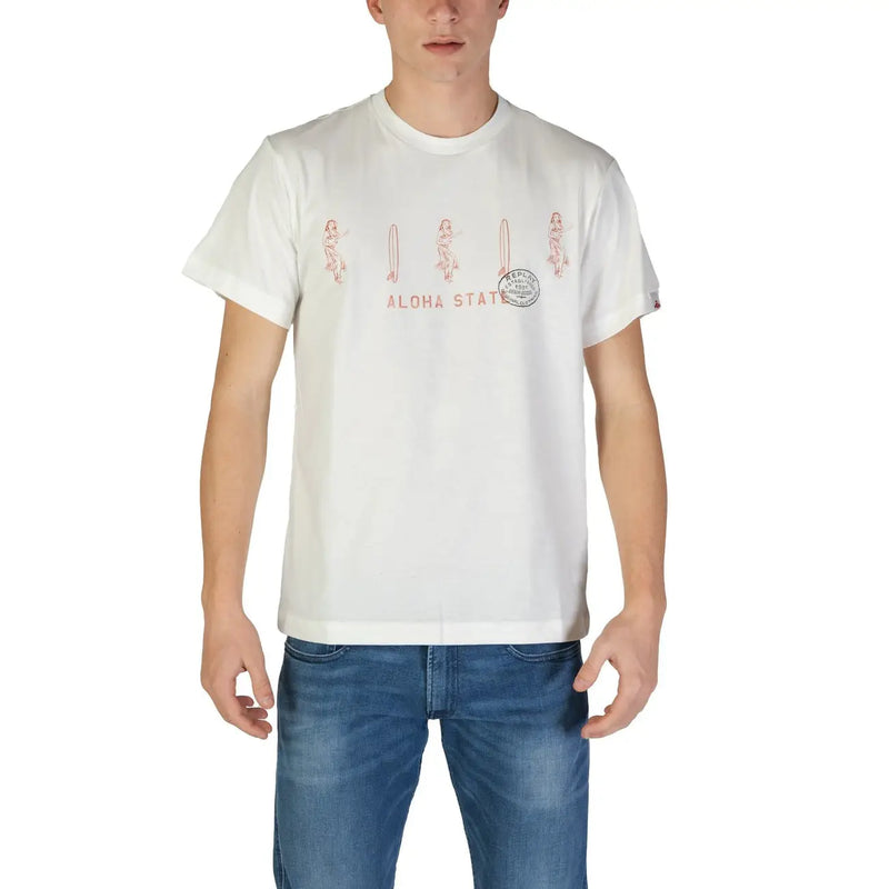 Replay men t-shirt white cotton with red graphic print of surfers and aloha state text across the chest