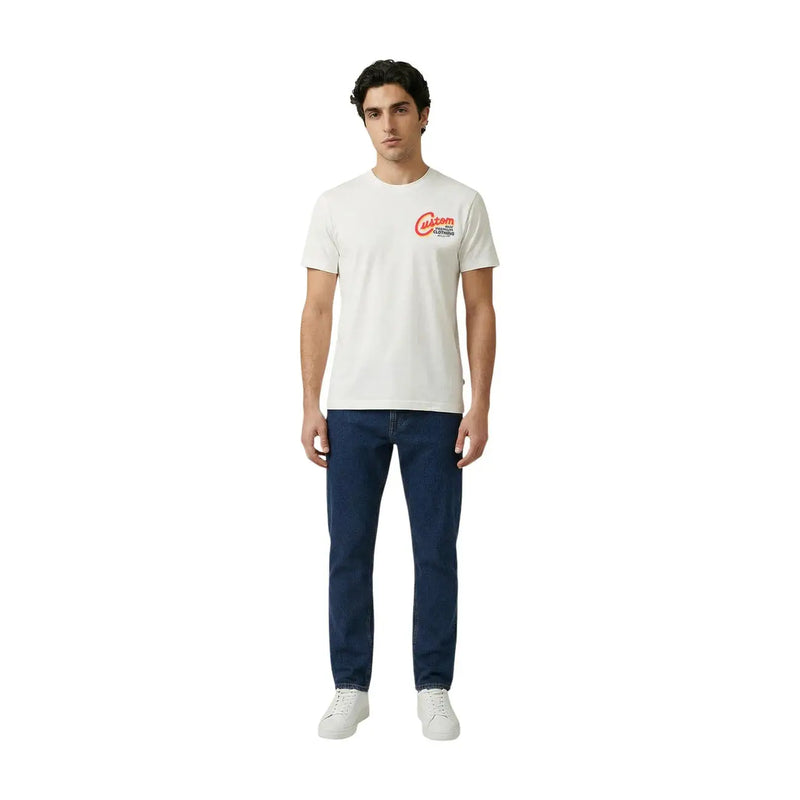 Replay men white cotton t shirt round neck short sleeve with red and black custom logo on left chest