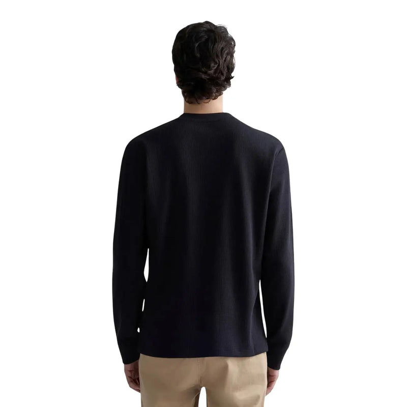 Replay mens black cotton waffle long sleeve crewneck sweater showcasing a textured knit pattern
