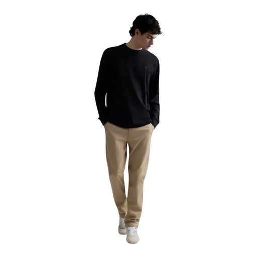 Replay mens black cotton waffle long sleeve crewneck sweater with subtle embroidered logo on the left chest