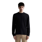 Replay mens black cotton waffle long sleeve crewneck sweater with subtle embroidered logo on left chest