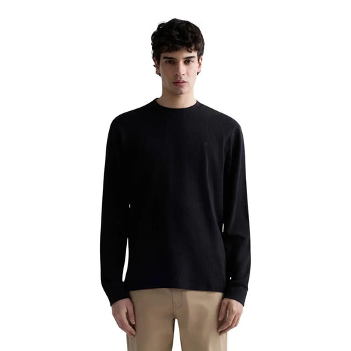 Replay mens black cotton waffle long sleeve crewneck sweater with subtle embroidered logo on left chest