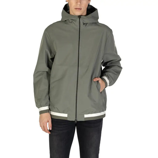 Replay men’s green blazer with hood and turtleneck featuring a sleek olive-green waterproof jacket with white trim and front zipper