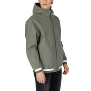 Replay men’s green blazer with hood and turtleneck featuring olive green hooded jacket with white stripes and black lining