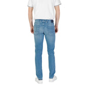Replay mens light blue denim jeans in stretch cotton slim fit with subtle fading and classic back pockets visible