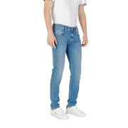 Replay mens light blue slim-fit denim jeans in stretch cotton with subtle fading details