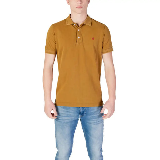Replay men’s yellow short sleeve polo shirt in mustard with classic collar and red embroidered logo on left chest