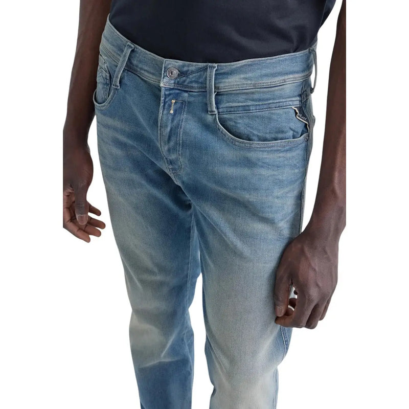 Jean slim Replay Anbass pour homme en denim clair délavé à l'aspect usé et subtilement délavé le long des jambes (vue de face)