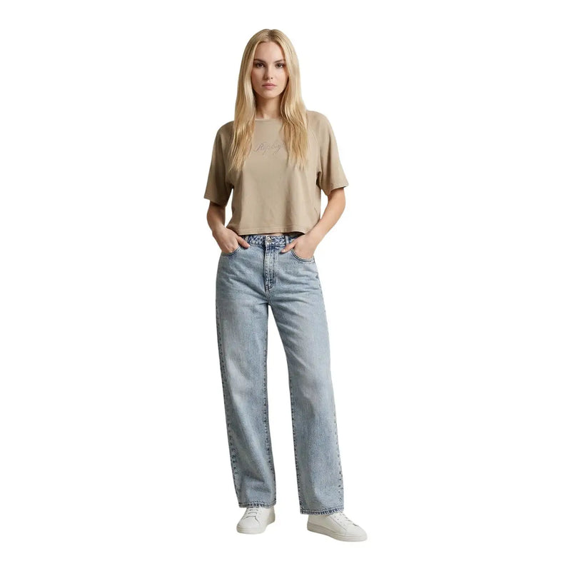 Light-wash denim jeans with straight-leg cut and classic stitching paired with replay women beige cotton round neck short t shirt