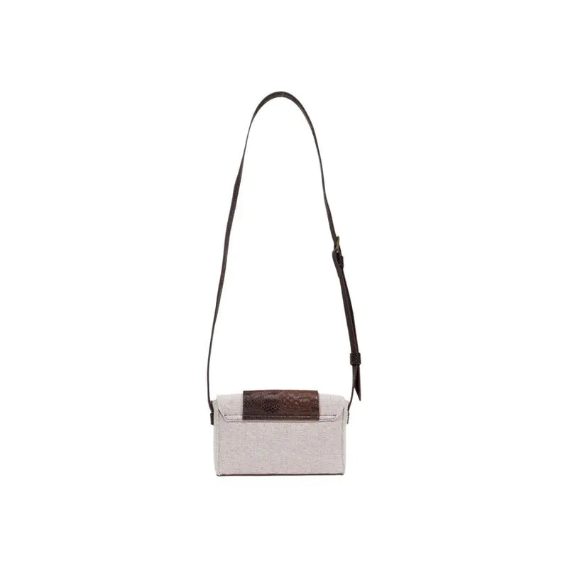 Replay women beige shoulder bag with light gray textured body, dark brown crocodile-embossed flap, and black leather strap