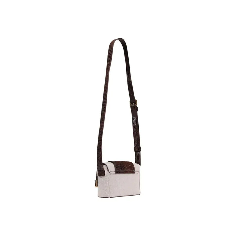 Replay women beige shoulder bag with reptile-skin textured off-white and dark brown crossbody flap and strap