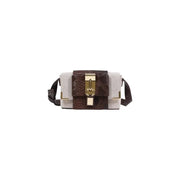Replay women beige shoulder bag with inside pocket featuring two-tone beige canvas and dark brown snake-print leather accents