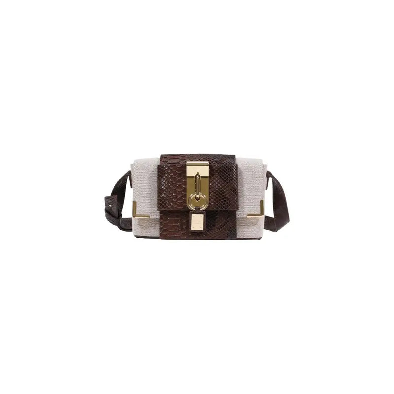 Replay women beige shoulder bag with inside pocket featuring two-tone beige canvas and dark brown snake-print leather accents