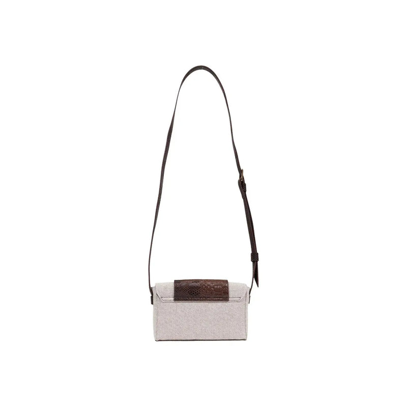 Replay women beige shoulder bag with light gray textured body, dark brown crocodile-embossed flap, and black leather strap