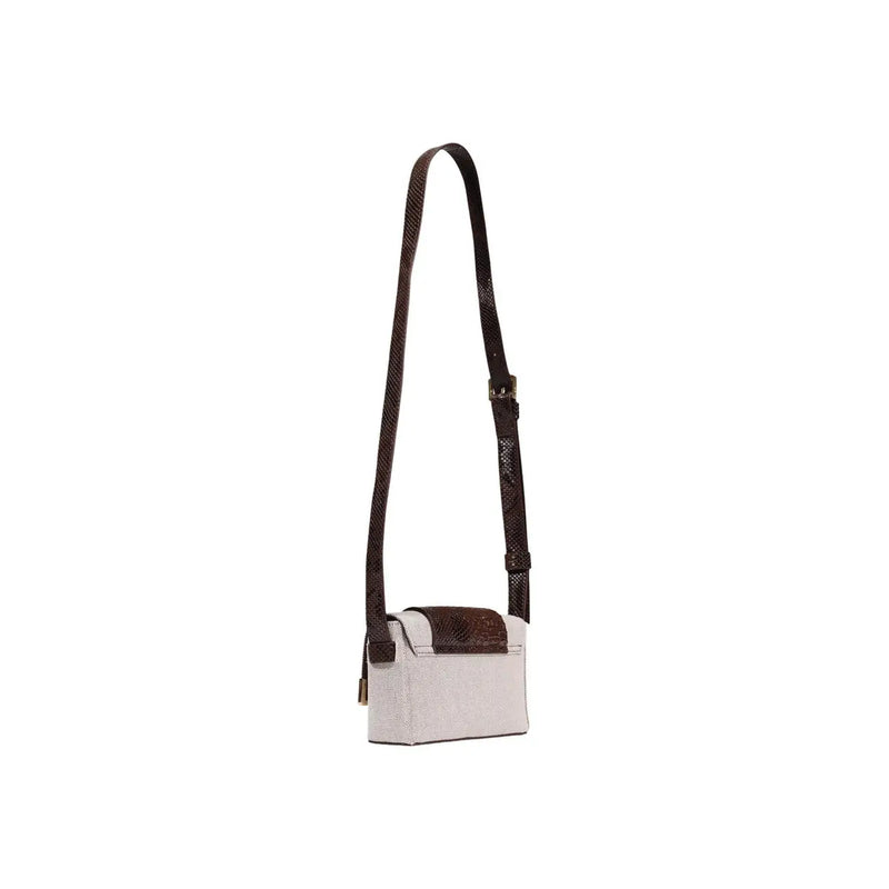 Replay women beige shoulder bag with reptile-skin textured off-white and dark brown crossbody flap and strap
