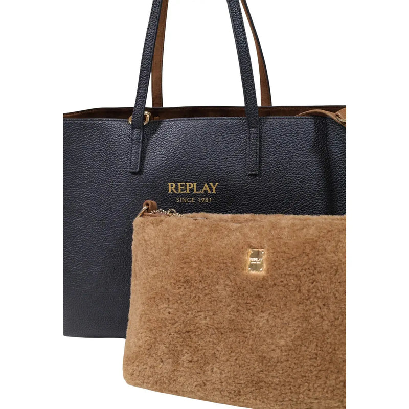 Replay women black handbag velvety synthetic tote with dark blue textured leather gold-tone branding and brown handles