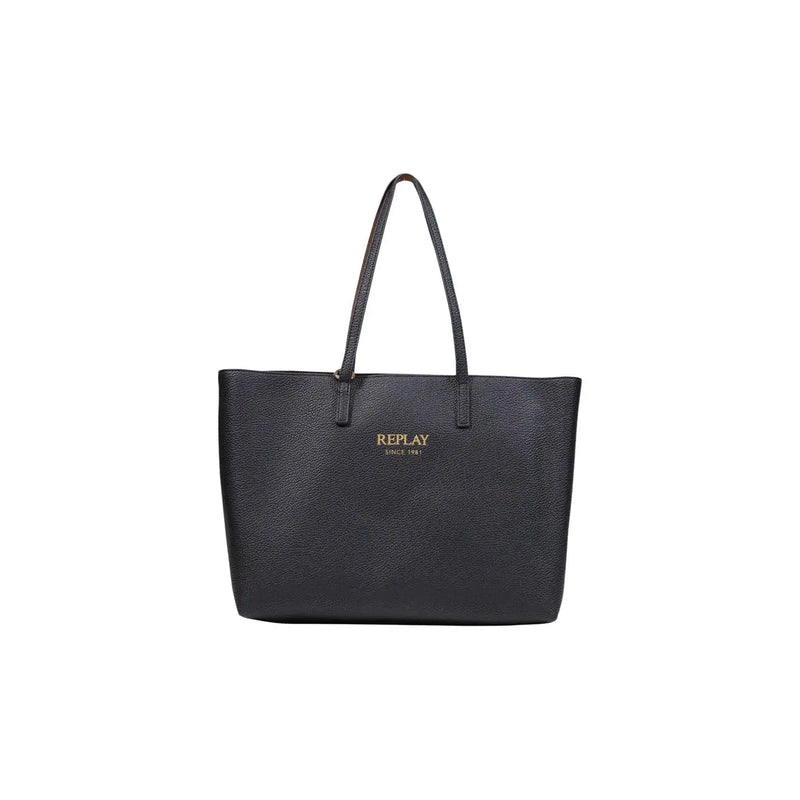 Black textured leather tote bag with gold-tone Replay since 1987 logo front 40x30cm velvety synthetic material
