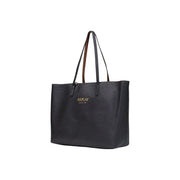 Replay women black handbag made of velvety synthetic leather with brown handles and gold-tone replay branding