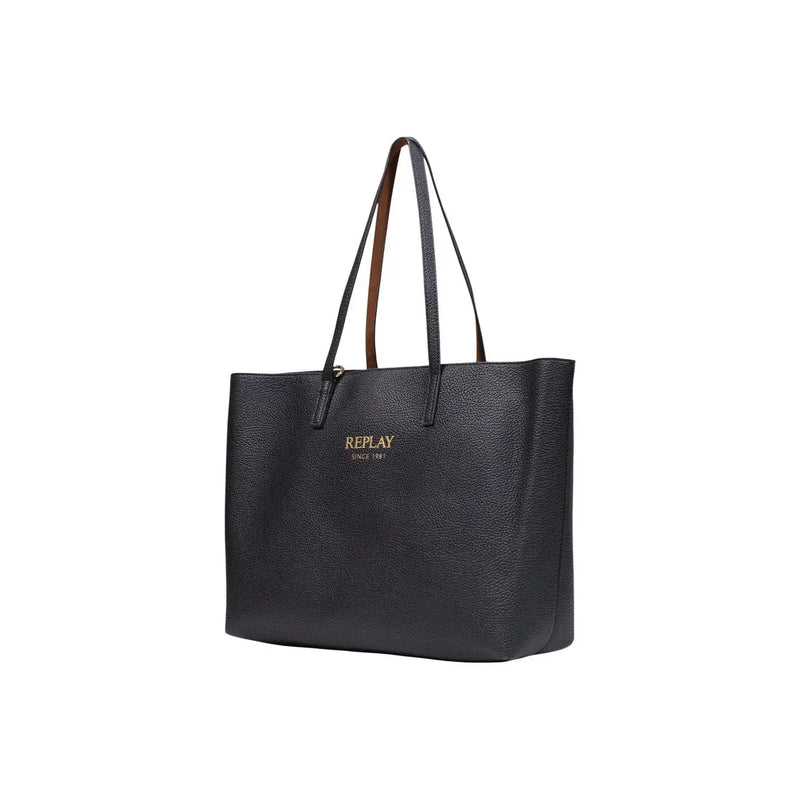 Replay women black handbag made of velvety synthetic leather with brown handles and gold-tone replay branding