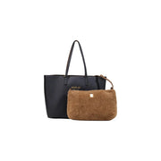 Black textured velvety synthetic Replay women handbag 40x30cm with gold logo and matching black handles with brown pouch