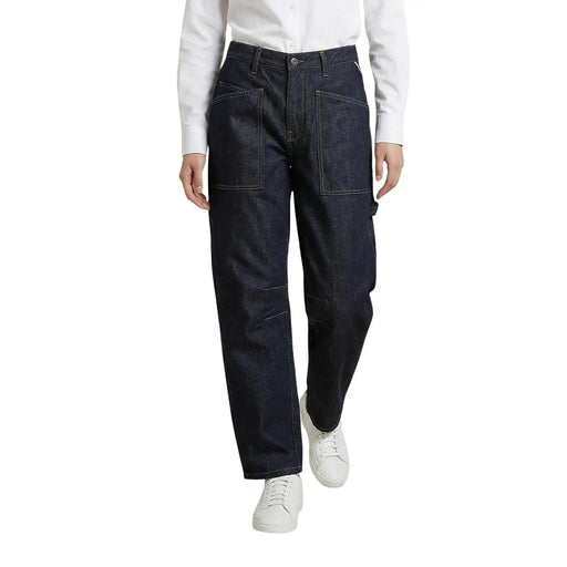 Replay Damen-Jeans aus blauem Denim, Barrel Fit, aus Baumwolle, in dunklem Indigo, mit großen Vordertaschen und geradem Bein.