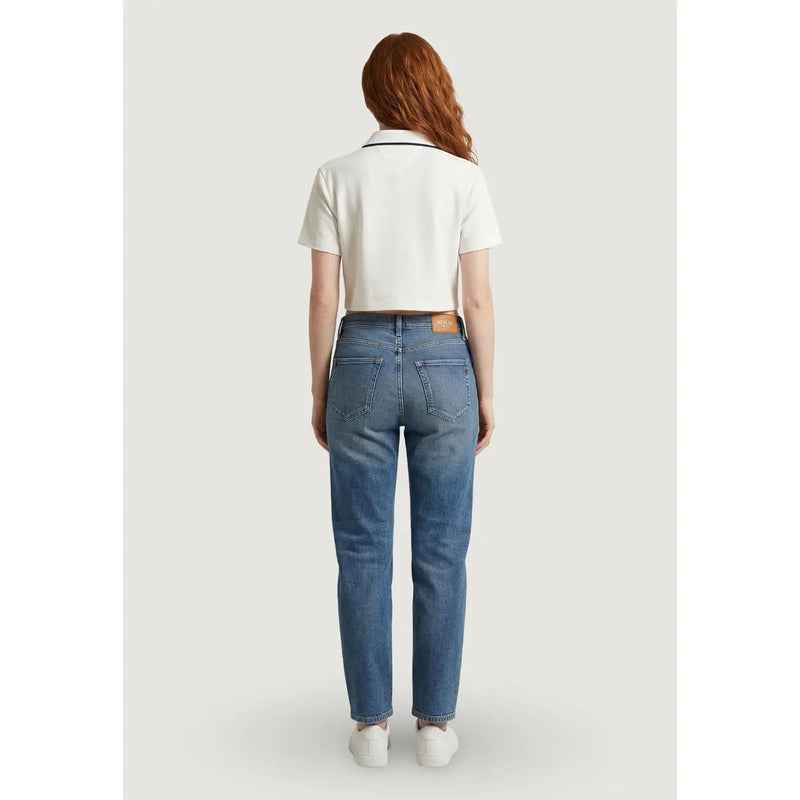 Replay Damen-Jeans aus blauem Denim mit klassischem geradem Bein und braunem Leder-Markenpatch am Bund, Ansicht von hinten