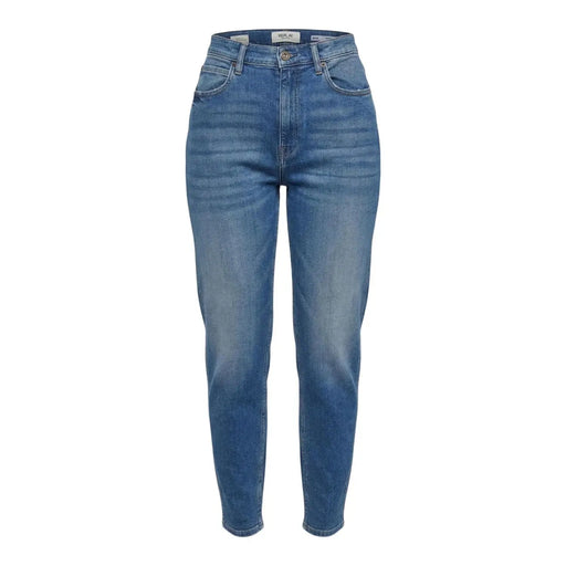 Eine blaue Damen-Jeans von Replay mit hohem Bund, geradem Bein, Vorder- und Gesäßtaschen und mittlerer Waschung.