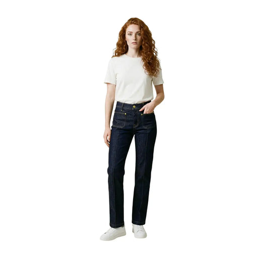 Replay Damen-Jeans aus blauem Denim mit geradem Bein, goldfarbenen Beschlägen und Vordertaschen.