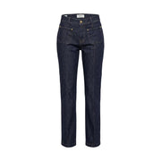 Replay Damen-Jeans aus dunkelblauem Denim mit goldfarbenen Beschlägen, geradem Bein und Vordertaschen.