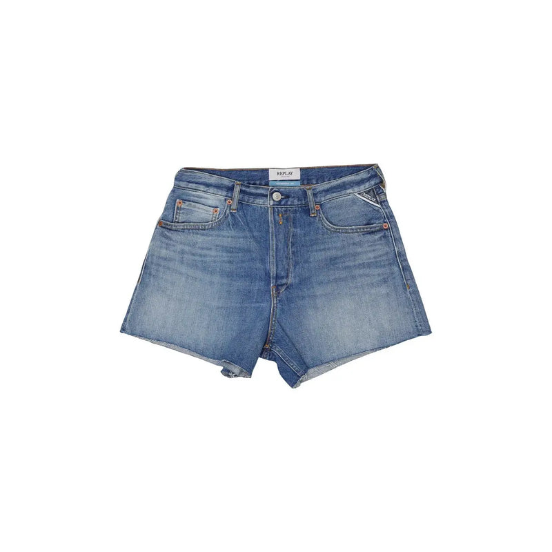Replay women blue denim shorts with medium wash frayed hem and classic five-pocket design for casual wear