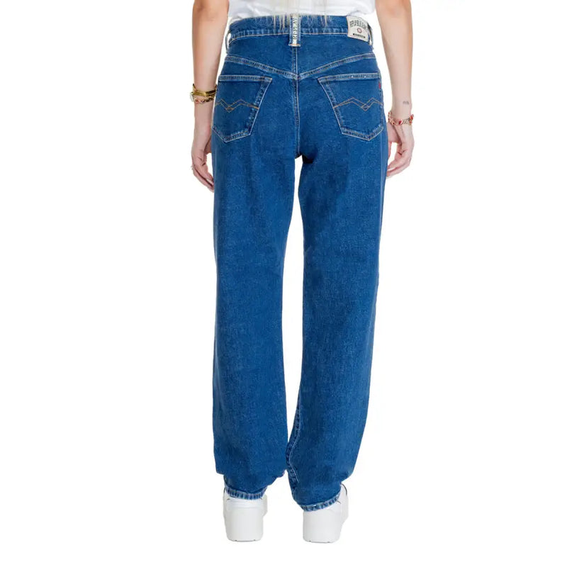 Replay women blue denim jeans with classic five-pocket design and visible brand label at waistband fall winter collection