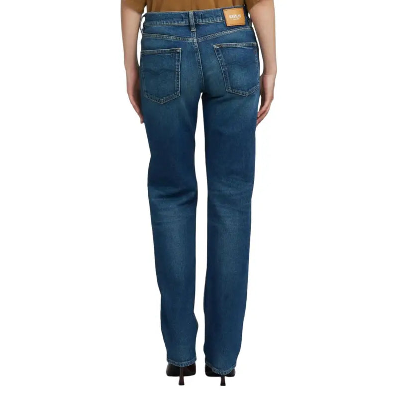 Replay Damen-Jeans, blau, gerades Bein, mit braunem Lederpatch