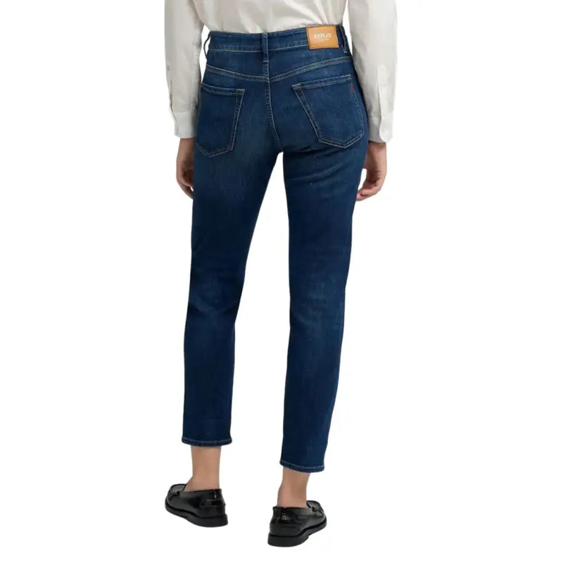 Replay Damen-Jeans, blau, gerades Bein, mit braunem Lederpatch