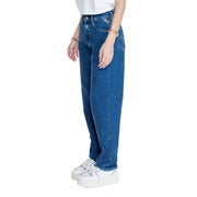 Replay women blue denim jeans with classic five-pocket design and brand logo on the back waistband fall winter collection