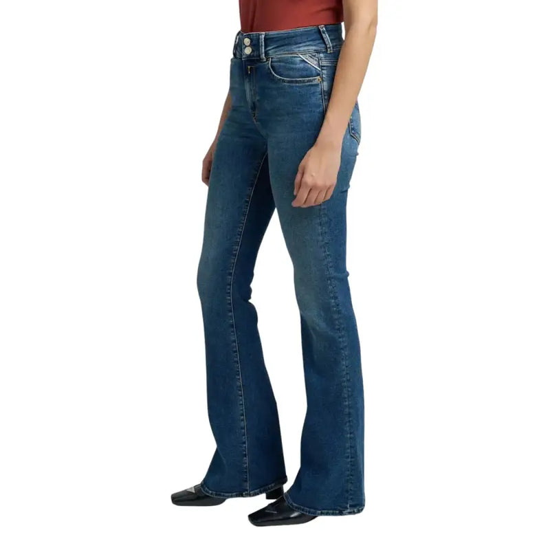 Replay Damen-Jeans mit mittelblauer Waschung und ausgestelltem Denim, Rückansicht