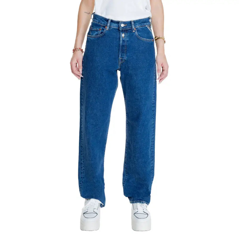 Replay Damen-Jeans mit hohem Bund, geradem Bein und fünf Taschen, blau.
