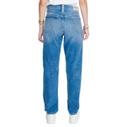 Replay women blue medium-wash denim jeans with classic five-pocket design and branded waistband label fall winter collection