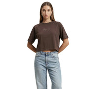 Replay women brown round neck cropped t-shirt with subtle embroidered logo across the chest and short sleeves