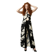 Replay women floral v neck strap summer dress in black and cream with bold abstract leaf pattern and sleeveless design