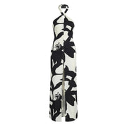 Replay women floral v neck strap summer dress white featuring a halter neck maxi style with black and white botanical print