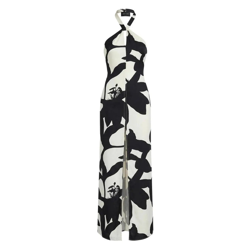 Replay women floral v neck strap summer dress white featuring a halter neck maxi style with black and white botanical print