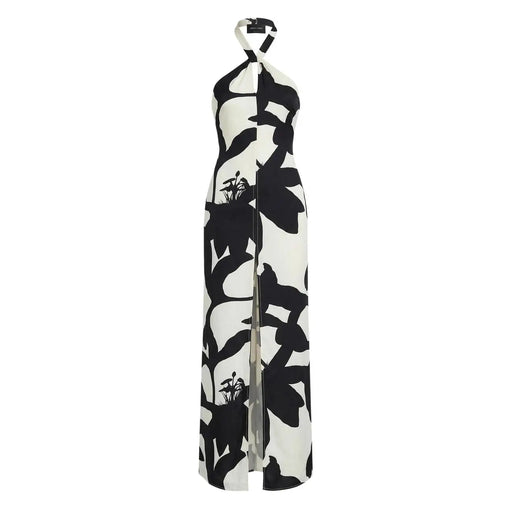 Replay women floral v neck strap summer dress white featuring a halter neck maxi style with black and white botanical print