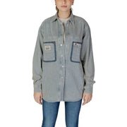 Replay women pinstripe shirt in blue featuring a gray and white striped button-up design with denim-trimmed pockets and relaxed fit