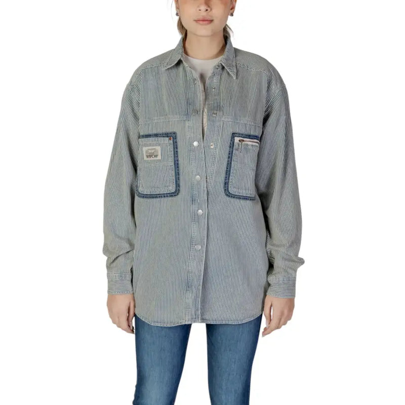 Replay women pinstripe shirt in blue featuring a gray and white striped button-up design with denim-trimmed pockets and relaxed fit