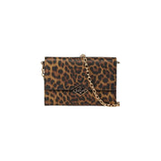 Replay women wallet leopard brown crossbody bag with gold-tone chain strap and diamond-shaped metal logo plaque