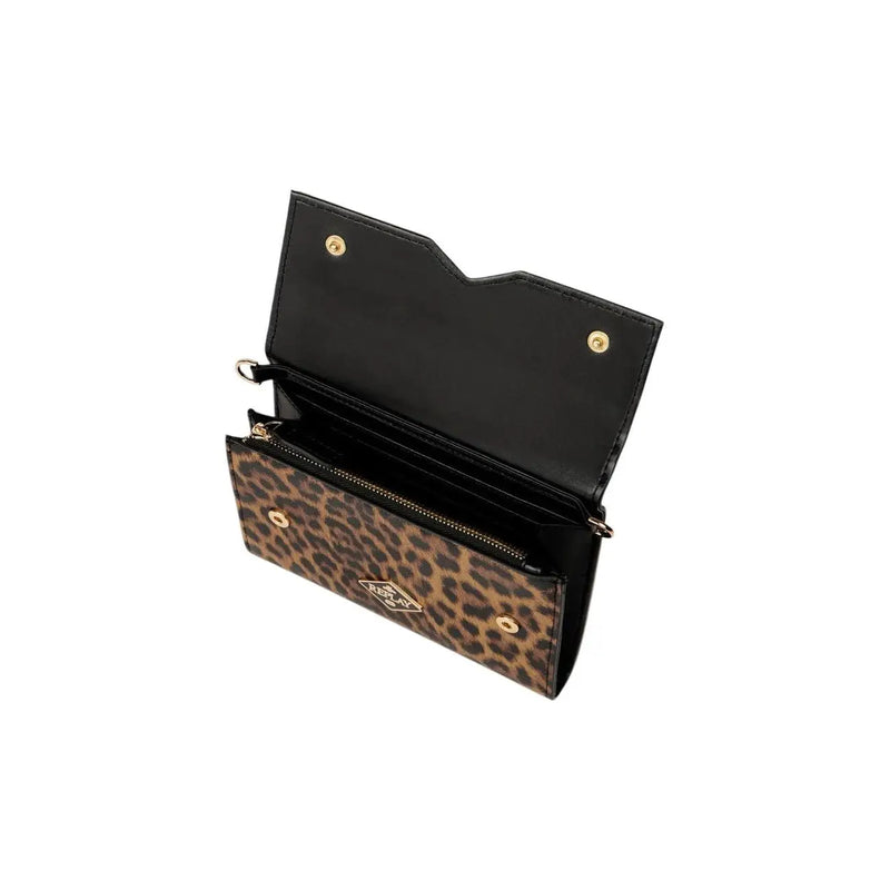 Replay women wallet leopard brown with shoulder strap featuring leopard print exterior black interior and gold hardware